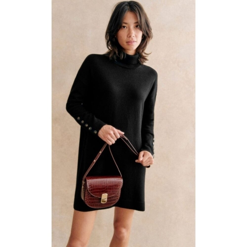 Sézane La Maille Merino Wool Turtleneck Sweater Dress Black Long Sleeve ButtonXS